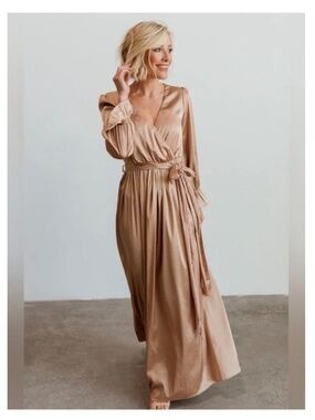 Baltic Born Holly Gold Satin Ling Sleeve Maxi Dress
